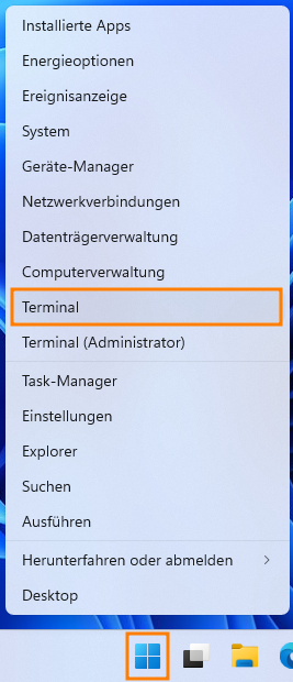 Windows 11 Startmenü. Das Startmenü-Icon und der Menüpunkt "Terminal" sind orange umrandet.